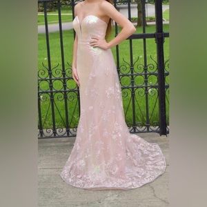 Strapless light pink sequin prom dress with lace train